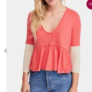 Free People We the Free 3/4 Top Heart of Mine Cotton Flounce-Hem Colorblock Red
